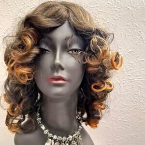 Curly Wig Bouncy Synthetic Women Ombre Blonde Brown Adjustable Combs
